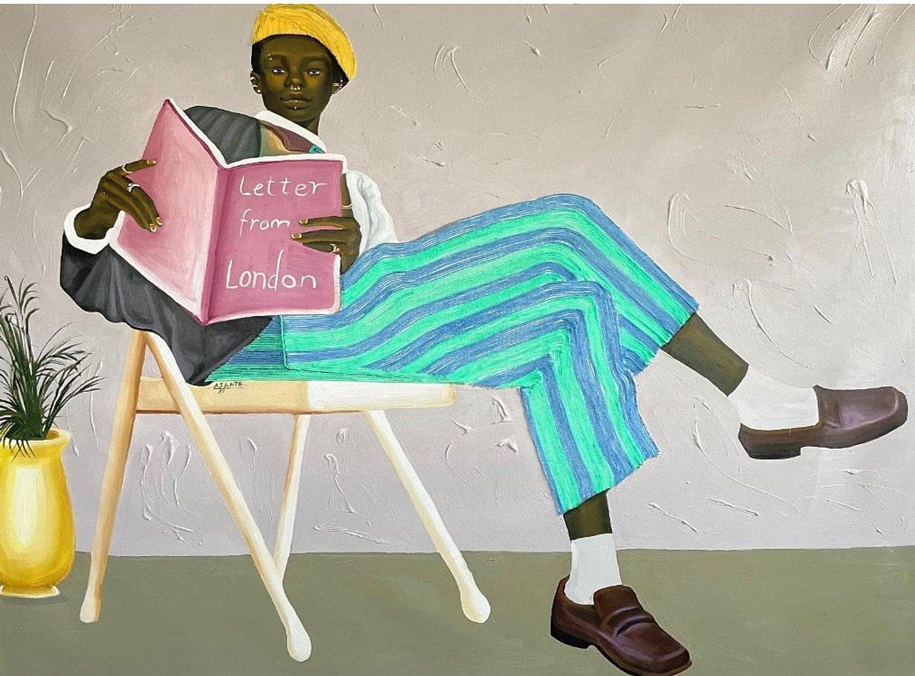 Letter from London by Benjamin Asante showing a seated figure reading a large pink book