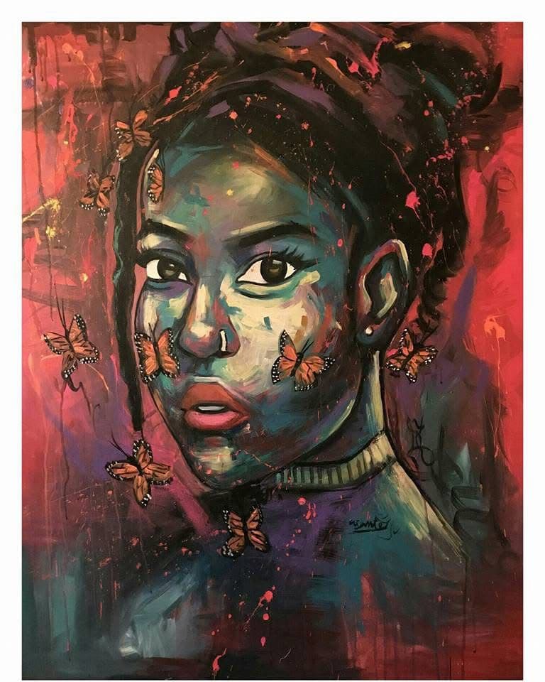 Carrying Change by Benjamin Asante showing a female figure crossed by butterflies