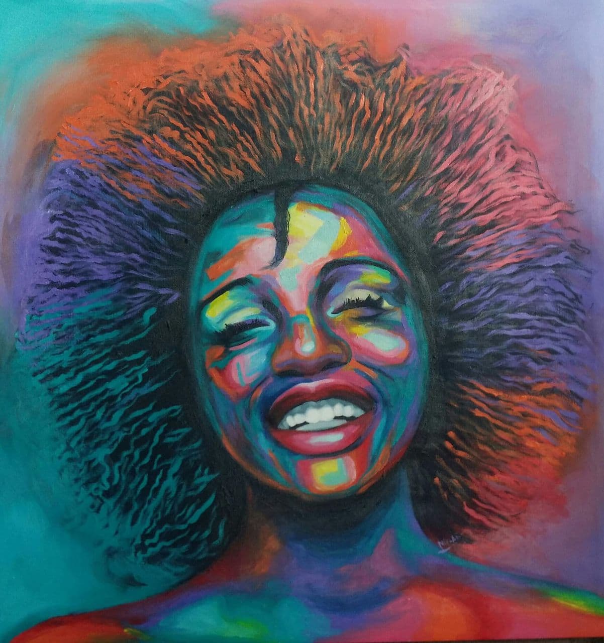 Triumph in Her Mouth by Benjamin Asante showing a smiling woman framed by radiant colour