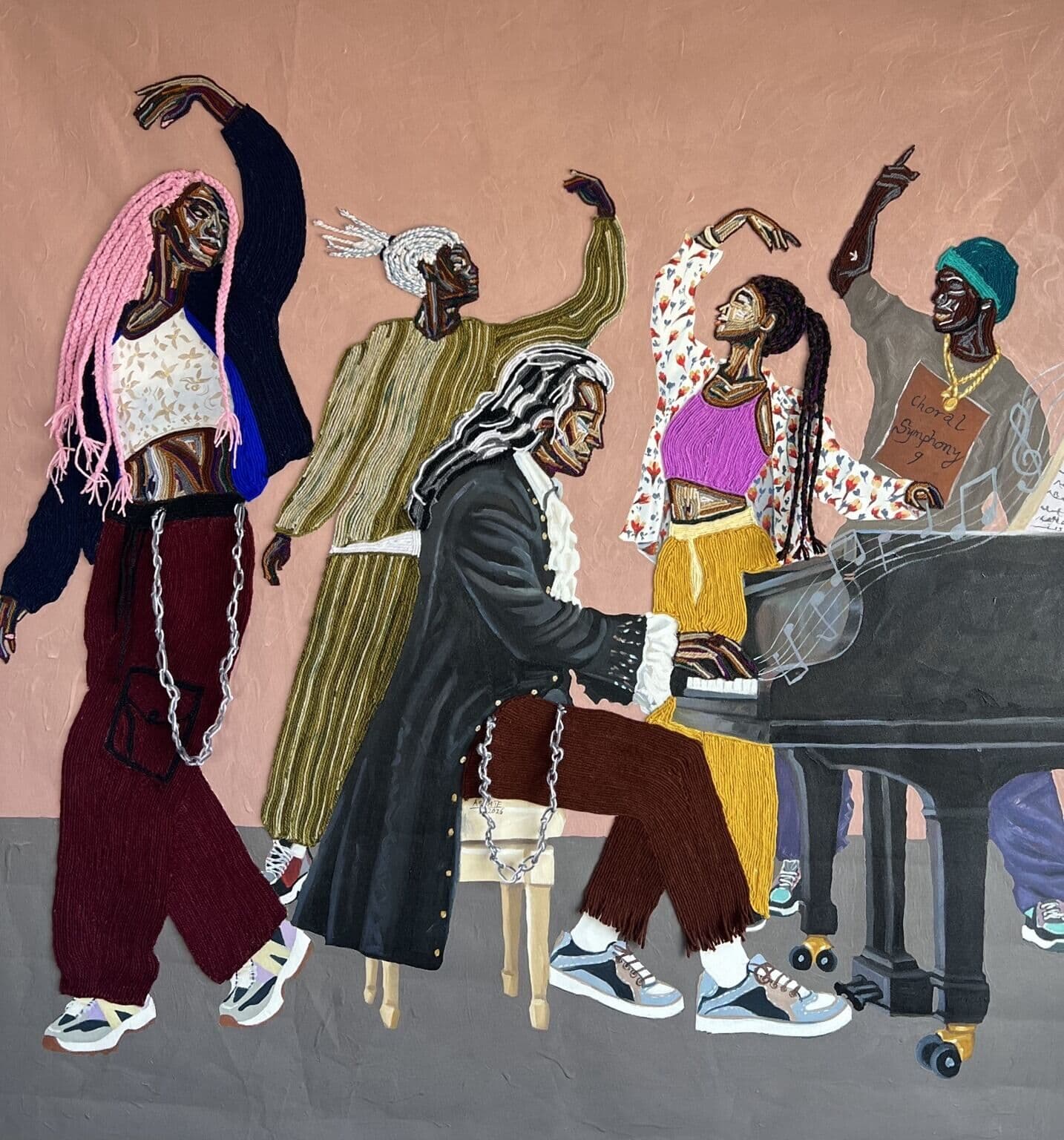 Ode of Joy by Benjamin Asante, showing musicians, singers, and dancers gathered around a piano in shared rhythm